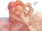  2girls amlichan back barefoot bed_sheet feet heart highres hug implied_futanari implied_sex long_hair mori_calliope multiple_girls nude orange_hair pink_hair simple_background spoken_heart spread_legs takanashi_kiara trembling white_background yuri 