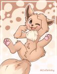  absurd_res ambiguous_gender brown_body brown_fur canid canine canis coille digital_media_(artwork) eevee feral fur generation_1_pokemon hi_res looking_at_viewer mammal nintendo open_mouth pokemon pokemon_(species) simple_background smile solo tail white_body white_fur 