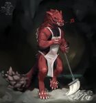  ambiguous_gender anthro apron bone broom capcom cave cleaning_tool clothing fanged_wyvern hi_res monster_hunter musical_note odogaron solo sweeping tail wiosvikulan 