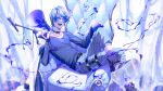  1boy belt black_choker blue_eyes blue_hair ch4nge_(cevio) chair choker collarbone crossed_legs earrings fang hair_between_eyes highres holding holding_megaphone jewelry kaito_(vocaloid) liquid long_sleeves looking_at_viewer male_focus megaphone microphone microphone_stand nail_polish nokuhashi on_chair open_mouth pants piercing shirt short_hair sitting solo strap sunglasses teeth tongue tongue_piercing vocaloid 