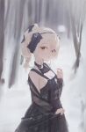  1girl aton_(user_kufr5245) black_dress black_headband blonde_hair breasts cleavage dress forest headband high_ponytail highres long_hair looking_at_viewer nature original parted_lips see-through see-through_sleeves snow solo yellow_eyes 