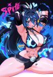  1girl abs animal_ears armpits arms_behind_head ass_visible_through_thighs bikini blue_fire blue_hair breasts chain chain_leash character_name collar commentary english_commentary fangs fire hair_between_eyes hair_ornament heart highres indie_virtual_youtuber large_breasts leash long_hair looking_at_viewer navel open_mouth ponytail short_shorts shorts skull_hair_ornament solo spite_(vtuber) split swimsuit swolefin tail teeth tongue twitter_username very_long_hair virtual_youtuber watermark wolf_ears wolf_girl wolf_tail 