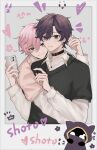  2boys black_hair black_shirt blue_eyes cellphone closed_mouth collar earrings highres holding holding_phone indie_virtual_youtuber iphone jewelry long_sleeves male_focus mmanohei multiple_boys phone pink_hair pink_shirt purple_eyes shirt short_hair shoto_(vtuber) smartphone smile virtual_youtuber white_shirt 