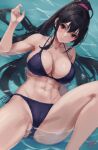  1girl bikini black_bikini breasts cleavage closed_mouth collarbone hair_between_eyes haruto_(harut_n) kantai_collection large_breasts long_hair looking_at_viewer navel partially_submerged ponytail red_eyes signature smile solo spread_legs swimsuit toned yahagi_(kancolle) 