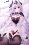 1girl azur_lane black_gloves black_panties black_thighhighs black_tiara blush breasts cleavage cleavage_cutout closed_mouth clothing_cutout cross detached_sleeves dress fingerless_gloves gloves hair_ornament highleg highleg_panties highres large_breasts long_hair looking_at_viewer marseillaise_(azur_lane) midriff navel on_bed panties pillow pink_eyes revealing_clothes sitting smile solo thighhighs underwear white_dress white_hair white_sleeves ygcn 