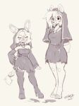  almond_(waspsalad) anthro clothed clothing cross deer dress duo eyes_closed female hand_on_hip hands_behind_back hi_res lagomorph legwear leporid mammal monochrome nun nun_habit nun_outfit rabbit religious_clothing simple_background sketch smile thigh_highs torn_clothing torpor_(waspsalad) waspsalad 