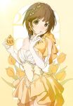  amagami bare_shoulders breasts brown_eyes brown_hair cleavage cream cream_on_face cupcake dress earrings elbow_gloves food food_on_face gloves highres holding holding_food jewelry large_breasts licking licking_finger medium_hair off-shoulder_dress off_shoulder sakurai_rihoko usurai_rairai white_gloves yellow_dress 