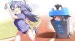  !? 2girls black_gloves black_hair black_shirt blue_archive blue_eyes blue_hair buruma gloves highres in_trash_can long_hair miyu_(blue_archive) multiple_girls ponytail red_eyes relay_baton running shirt signature trash_can wheel yo_na yuuka_(blue_archive) yuuka_(track)_(blue_archive) 