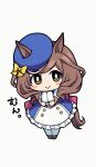  1girl :&gt; animal_ears belt blue_dress blue_headwear blush_stickers bow brown_belt brown_hair buttons cabbie_hat chibi clenched_hands closed_mouth commentary_request double-breasted dress ear_bow ears_through_headwear frilled_dress frills full_body gloves hat highres horse_ears horse_girl horse_tail matikane_tannhauser_(umamusume) multicolored_hair simoyuki simple_background smile solo streaked_hair tail thighhighs umamusume white_background white_dress white_gloves white_thighhighs yellow_bow yellow_eyes 
