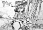  1girl 1other absurdres alien bracelet chronozbergh commentary cooking cowboy_hat fire food graphite_(medium) greyscale grilling hat hatching_(texture) highres holding holding_skewer jewelry kill_la_kill konohagakure_symbol matoi_ryuuko meat meme mexico_ufo_alien_bodies_hearing_(meme) miniskirt monochrome multicolored_hair naruto_(series) pleated_skirt river skewer skirt squatting streaked_hair thick_thighs thighs traditional_media tree 