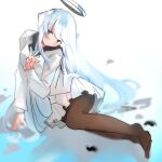  black_pantyhose blue_archive blue_necktie commentary_request glimer3048 halo highres jacket korean_commentary mechanical_ears mechanical_halo necktie noa_(blue_archive) pantyhose purple_eyes shirt skirt white_hair white_jacket white_shirt white_skirt 