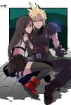  1boy 1girl armor bare_shoulders belt bike_shorts_under_skirt black_gloves black_hair black_skirt black_sports_bra black_thighhighs blonde_hair blue_eyes boots breasts closed_mouth cloud_strife commentary_request crop_top elbow_gloves final_fantasy final_fantasy_vii final_fantasy_vii_remake full_body gloves hand_on_another&#039;s_hip hands_on_ground highres large_breasts long_hair looking_at_viewer looking_to_the_side low-tied_long_hair midriff motsutei multiple_belts red_eyes red_footwear ribbed_sweater shoulder_armor signature sitting skirt sleeveless sleeveless_turtleneck spiked_hair sports_bra suspender_skirt suspenders sweatdrop sweater swept_bangs tank_top thighhighs thighs tifa_lockhart turtleneck turtleneck_sweater white_tank_top yokozuwari 