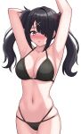  1girl absurdres ame-chan_(needy_girl_overdose) armpits arms_up black_eyes black_hair breasts cleavage hair_ornament hair_over_one_eye highres large_breasts looking_at_viewer multi-strapped_bikini_bottom needy_girl_overdose quad_tails simple_background solo traumereisa900 twintails white_background x_hair_ornament 