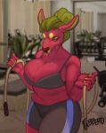  anthro big_breasts bodily_fluids breast_squish breasts clothing deer exercise female flabberd green_hair gym hair jump_rope long_ears mammal pink_body slightly_chubby solo squish sweat sweatdrop tight_clothing workout workout_clothing workout_equipment 