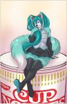  2023 alpha_channel anthro armwear blue_body blue_eyes blue_fur boots border bottomwear canid canine clothed clothing cosplay crossdressing cup_noodles digital_media_(artwork) footwear fox fur girly green_hair hair hatsune_miku hi_res lavenderpandy legwear long_hair looking_at_viewer male mammal pigtails roflfox shirt sitting skirt sleeveless_shirt smile solo thigh_boots thigh_highs topwear transparent_border twintails_(hairstyle) vocaloid white_body white_fur 