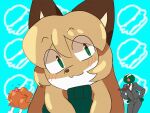  animated anthro averi_(fiddleafox) brown_body brown_fur canid canine clothing english_text female female_anthro food fox fur green_clothing green_eyes hair japanese_text mammal markings simple_background solo text unknown_artist white_body white_fur 