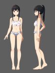  1girl absurdres alternate_hairstyle barefoot bikini black_hair breasts cleavage closed_mouth collarbone commentary feet floral_print frilled_bikini frills from_side green_scrunchie grey_background hair_ornament hair_scrunchie highres inoue_takina legs long_hair looking_at_viewer lycoris_recoil multiple_views navel official_alternate_costume ponytail print_bikini purple_eyes scrunchie sidelocks simple_background small_breasts standing stomach swimsuit tbear toes white_bikini 