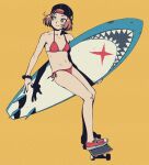  1girl backwards_hat bandaid bandaid_on_knee bandaid_on_leg baseball_cap bikini breasts brown_hair commentary_request freckles full_body hat highres holding holding_surfboard looking_to_the_side navel original red_bikini scrunchie shoes short_hair side-tie_bikini_bottom simple_background skateboard skateboarding small_breasts smile sneakers solo surfboard swimsuit wang-pac wrist_scrunchie yellow_background yellow_eyes 