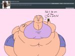  2018 5_fingers anthro ask_blog batspid2 belly big_belly big_breasts bottomwear breasts clothing crop_top cutoffs denim denim_clothing dialogue digital_drawing_(artwork) digital_media_(artwork) english_text exclamation eyebrows eyelashes female fingers flabby_arms flat_colors frill_(anatomy) head_crest head_frill juna_(batspid2) lizard membrane_(anatomy) membranous_frill morbidly_obese morbidly_obese_anthro morbidly_obese_female navel obese obese_anthro obese_female overweight overweight_anthro overweight_female pink_background pink_body pink_skin reptile scalie shirt shorts simple_background smile solo tail text thick_thighs topwear wide_hips yu-gi-oh_card 