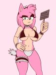  amy_rose anthro big_breasts bikini breasts brown_bikini brown_clothing brown_eyeshadow brown_swimwear cleaning_tool clothing devil_draenor eulipotyphlan eyelashes feather_duster female fur green_eyes hand_on_hip head_tuft hedgehog hi_res holding_object holding_sign looking_at_viewer maid_uniform mammal navel pink_background pink_body pink_fur sega sign simple_background solo sonic_the_hedgehog_(series) swimwear tan_body tan_fur text thick_thighs tuft uniform wide_hips 