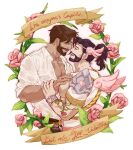  2boys bara bare_pectorals beard black_hair cassidy_(overwatch) chest_hair collared_shirt couple cropped_legs cupid cupid_hanzo dark-skinned_male dark_skin earrings eye_contact facial_hair floral_background flower_tattoo from_side greek_clothes hand_on_another&#039;s_chest heart heart_earrings high_ponytail interracial jewelry large_pectorals looking_at_another magical_boy male_focus mature_male minghii multiple_boys muscular muscular_male nipples official_alternate_costume overwatch overwatch_2 partially_unbuttoned pectoral_cleavage pectorals pink_wings puffy_nipples shirt short_hair smile tattoo tiara valentine wings yaoi 