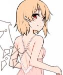  1girl babydoll back bare_arms bare_shoulders blonde_hair breasts commentary flandre_scarlet hair_between_eyes looking_at_viewer looking_back medium_hair miyo_(ranthath) red_eyes see-through shoulder_blades simple_background small_breasts smile solo touhou white_background wings 
