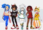  5girls :d animal_ears artist_name bare_shoulders bike_shorts black_hair blonde_hair blue_eyes blue_hair boots bracelet breasts ciosuii closed_mouth dark-skinned_female dark_skin dress fox_ears fox_tail full_body genderswap genderswap_(mtf) gloves goggles goggles_on_head grey_hair grin hair_between_eyes hedgehog_ears highres humanization jewelry kneehighs knuckles_the_echidna long_hair looking_at_viewer midriff multicolored_hair multiple_girls multiple_tails navel one_eye_closed pants ponytail purple_eyes red_eyes red_hair shadow_the_hedgehog shoes silver_the_hedgehog skirt smile socks sonic_(series) sonic_the_hedgehog streaked_hair tail tails_(sonic) two_tails white_gloves white_hair yellow_eyes yellow_skirt 