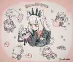  2girls apple black_necktie blunt_bangs blush breasts chibi closed_mouth collared_shirt demon_girl demon_horns demon_tail food frown fruit gloves hand_up helltaker highres holding horns justice_(helltaker) large_breasts long_hair lucifer_(helltaker) mole mole_under_eye multiple_girls multiple_views necktie noah_(tettsui-sole) red_eyes red_shirt shirt skirt smile sparkle sunglasses tail 