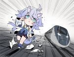  1girl absurdres artofmiin bailu_(honkai:_star_rail) blue_eyes chinese_clothes closed_mouth commentary dragon_girl dragon_horns dragon_tail english_commentary highres honkai:_star_rail honkai_(series) horns purple_hair racing railroad_tracks running shirt tail train white_shirt white_sleeves 