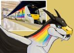 2023 2_horns ambiguous_gender black_horn black_mouth black_sclera black_wings blue_eyes british british_rail british_rail_class_700 bust_portrait curved_horn digital_drawing_(artwork) digital_media_(artwork) dragon electric_locomotive england fangs feral hi_res horn how_to_dragon_your_train hybrid lgbt_pride living_machine living_train living_vehicle locomorph locomotive machine markings meme multicolored_markings open_mouth open_smile photo portrait pride_colors pseudocanid rainbow_markings rainbow_pride_colors rainbow_stripes reference_image reptile sabertooth_(anatomy) scalie sharp_horn siemens_ag simple_background sketch smile solo stripes teeth thameslink train vehicle white_body wings yellow_background yellow_markings 