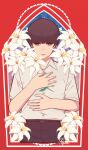  1boy absurdres arai_shouji belt black_hair black_pants flower gakkou_de_atta_kowai_hanashi grey_eyes hand_on_own_chest highres holding holding_flower lily_(flower) male_focus nagare26 nostrils pants parted_lips red_background serious shirt short_hair solo white_flower white_lily white_shirt 