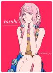  1girl character_name closed_mouth commentary_request flower flower_skirt hair_bobbles hair_ornament hands_on_own_face hirose_yasuho jojo_no_kimyou_na_bouken jojolion long_hair looking_to_the_side mizudama pink_background pink_eyes pink_hair pink_lips shirt simple_background sitting skirt solo 