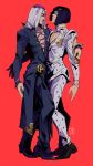  absurdres arm_around_shoulder black_hair blunt_bangs bob_cut bruno_bucciarati darwh full_body grey_hair hair_ornament hairclip hat highres jojo_no_kimyou_na_bouken leone_abbacchio lipstick long_coat long_hair makeup male_focus pectoral_cleavage pectorals purple_lips red_background standing v-neck vento_aureo zipper_pull_tab 