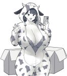  1girl absurdres animal_ears animal_print blush breasts closed_mouth cow_ears cow_horns cow_print cowboy_shot earrings erkaz fake_animal_ears fake_horns greyscale hands_up highres holding holding_phone hood hood_up horns huge_breasts jewelry long_sleeves monochrome onesie open_box open_mouth original partially_unzipped phone rina_atherina short_hair simple_background solo sweatdrop veins veiny_breasts white_background zipper_pull_tab 