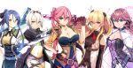  5girls absurdres alisa_reinford belt blonde_hair blue_hair blush breasts cleavage eiyuu_densetsu emma_millstein fie_claussell goggles goggles_on_head green_eyes gun hair_tie hand_on_own_hip highres holding holding_gun holding_sword holding_weapon large_breasts laura_s._arseid looking_at_viewer multiple_girls navel nyuusai pink_hair purple_hair red_eyes sara_valestein sen_no_kiseki short_shorts shorts simple_background smile sword weapon white_background white_hair yellow_eyes 