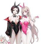  3girls animal_ears black_eyes black_hair black_leotard blonde_hair bow bowtie breasts crow_(nikke) ear_piercing fishnets goddess_of_victory:_nikke highleg highleg_leotard highres jackal_(nikke) large_breasts leotard long_hair looking_at_viewer mouth_hold multiple_girls ohisashiburi piercing playboy_bunny rabbit_ears rabbit_tail red_eyes short_hair simple_background smile strapless strapless_leotard tail viper_(nikke) white_background wrist_cuffs 