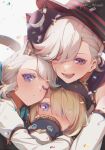  blonde_hair blush confetti freminet_(genshin_impact) genshin_impact group_hug hat highres hug lynette_(genshin_impact) lyney_(genshin_impact) magician one_eye_closed siblings smile teardrop_facial_mark tia_mizuki top_hat white_hair 