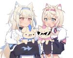  2girls :d animal animal_ear_fluff animal_ears bandages black_jacket blonde_hair blue_eyes blue_hairband braid cropped_jacket cropped_shirt dog dog_ears dog_girl dress fur-trimmed_jacket fur_trim fuwawa_abyssgard fuwawa_abyssgard_(dog) hair_ornament hairband hairpin headphones headphones_around_neck highres holding holding_animal holding_dog hololive hololive_english jacket long_hair medium_hair mococo_abyssgard mococo_abyssgard_(dog) multicolored_hair multiple_girls orinte pink_eyes pink_hairband shirt siblings sisters smile streaked_hair twin_braids twins virtual_youtuber white_dress white_shirt x_hair_ornament 