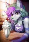  absurd_res anthro beverage breasts canid canine canis domestic_dog female furniture hi_res husky kotlass looking_down mammal milkshake minty_mintleaf_(fishpaste2100) nordic_sled_dog solo speech_bubble spitz surprise table tagme 