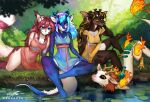  anthro blue_body blue_eyes blue_fur breasts brown_body brown_eyes brown_fur canid canine cleavage clothed clothing dragon dragonfu dress female fox fur green_eyes group horn lily_pad mammal ossicone plant purple_eyes tail water white_body white_fur 