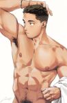  1boy abs armpit_hair armpits bara completely_nude gentle2nd groin hand_on_own_head large_pectorals looking_to_the_side male_focus male_pubic_hair mature_male muscular muscular_male navel navel_hair nipples nude original out-of-frame_censoring pectorals pubic_hair pubic_hair_peek short_hair solo stomach thick_eyebrows turning_head undercut 