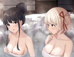  2girls black_hair blonde_hair breasts bucket closed_mouth collarbone commentary_request hair_ribbon highres inoue_takina kannko_bokujou large_breasts looking_at_another lycoris_recoil multiple_girls naked_towel nipples nishikigi_chisato onsen parted_lips partially_submerged purple_eyes red_ribbon ribbon short_hair snow steam towel upper_body water wet wooden_bucket 