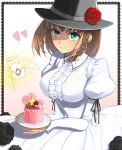  1girl blush braid breasts brown_hair cake charlotte_corday_(fate) dress fate/grand_order fate_(series) flower food green_eyes hat hat_flower hazuki-a heart highres juliet_sleeves large_breasts long_sleeves puffy_sleeves side_braid white_dress 