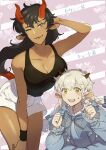  2girls all_saints_street animal_ears black_hair black_tank_top blonde_hair blue_dress blue_ribbon braid breasts collarbone dark-skinned_female dark_skin demon_horns dress frilled_dress frills genderswap genderswap_(mtf) goat_ears goat_horns hair_ribbon hand_in_own_hair horns leaning_forward long_hair looking_at_viewer mami333 multiple_girls neil_bowman nick_holt one_eye_closed open_mouth pink_background red_horns ribbon shorts smile striped striped_background tank_top twin_braids white_shorts wristband 