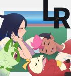  1boy 1girl black_hair blush closed_eyes closed_mouth cowlick dark-skinned_male dark_skin drooling eyelashes fuecoco hair_ornament hairclip hands_up highres liko_(pokemon) lying open_mouth pokemon pokemon_(anime) pokemon_(creature) pokemon_horizons raglan_sleeves rei_hinketsu roy_(pokemon) saliva shirt short_sleeves sleeping smile sprigatito teeth tongue white_shirt 