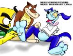  activision anthro barefoot belly crash_bandicoot_(series) dingodile doctor_neo_cortex feet group honeylory human laugh male male/male mammal navel ripper_roo smile text thick_thighs tickling trio 