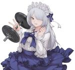  1girl ak-15_(girls&#039;_frontline) breasts clenched_hand dumbbell frilled_headwear frilled_shirt frilled_skirt frills girls&#039;_frontline grey_hair hair_over_one_eye hands_up highres holding long_hair long_sleeves looking_at_viewer purple_eyes purple_skirt ribbon shirt simple_background skirt small_breasts smile solo w white_background white_shirt zerowill 