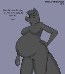  2023 5_fingers anthro belly big_belly big_breasts breasts canid canine canis dialogue digital_media_(artwork) dweevil english_text female fingers fur genitals hair hand_on_hip hand_on_own_hip hi_res humanoid_hands low-angle_view mammal navel nude outie_navel pregnant pregnant_female pussy signature solo text wolf 