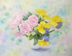  flower highres naoy_watercolor no_humans original painting_(medium) pink_flower realistic still_life traditional_media vase watercolor_(medium) white_flower yellow_flower 