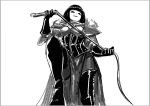  1girl adepta_sororitas armor artist_name backpack bag black_footwear black_gloves black_hair bob_cut boobplate boots dominatrix evil_smile gloves holding holding_whip looking_at_viewer lutherniel mole mole_under_mouth pauldrons power_armor shoulder_armor smile thigh_boots warhammer_40k 